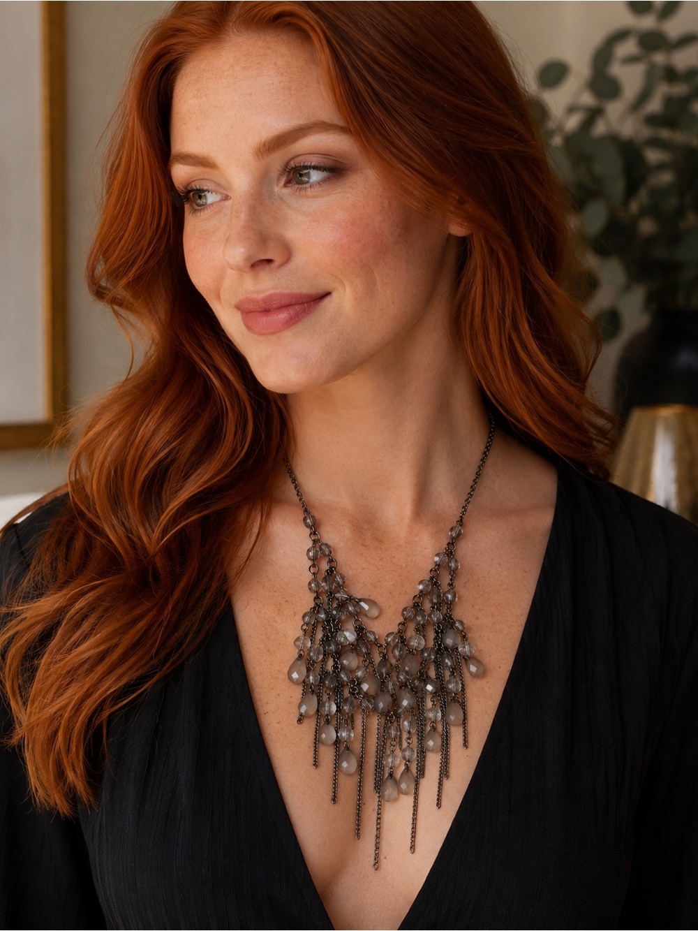 Gunmetal Waterfall Fringe Statement Necklace